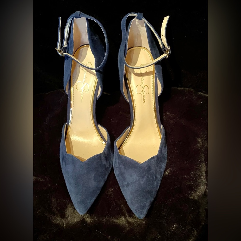 Jessica Simpson Navy Suede D’orsay Pump with Ankle Strap, 9.5